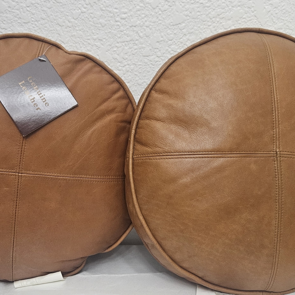 Genuine Leather Round Accent Pillows - Brown #186